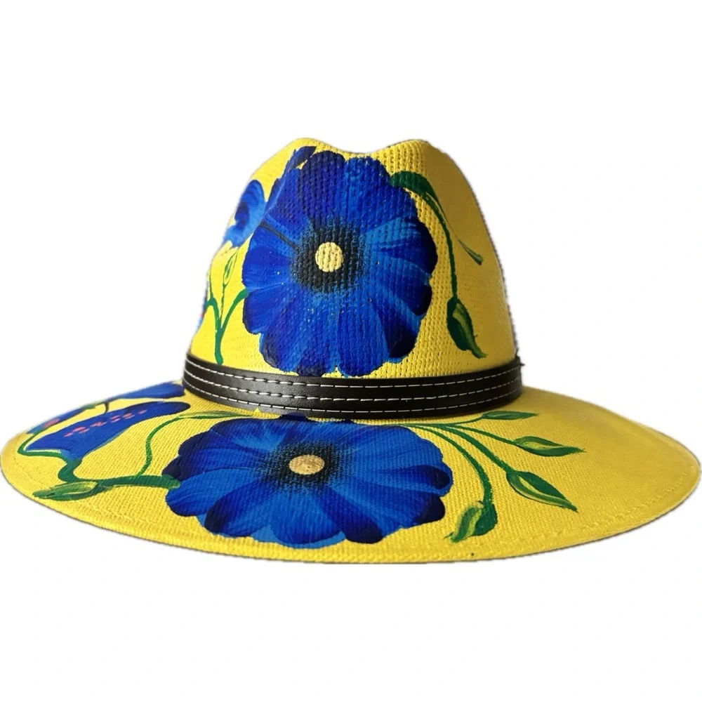 Mexican Hand Painted Yellow and Blue Floral Hat - Picture 3 of 7